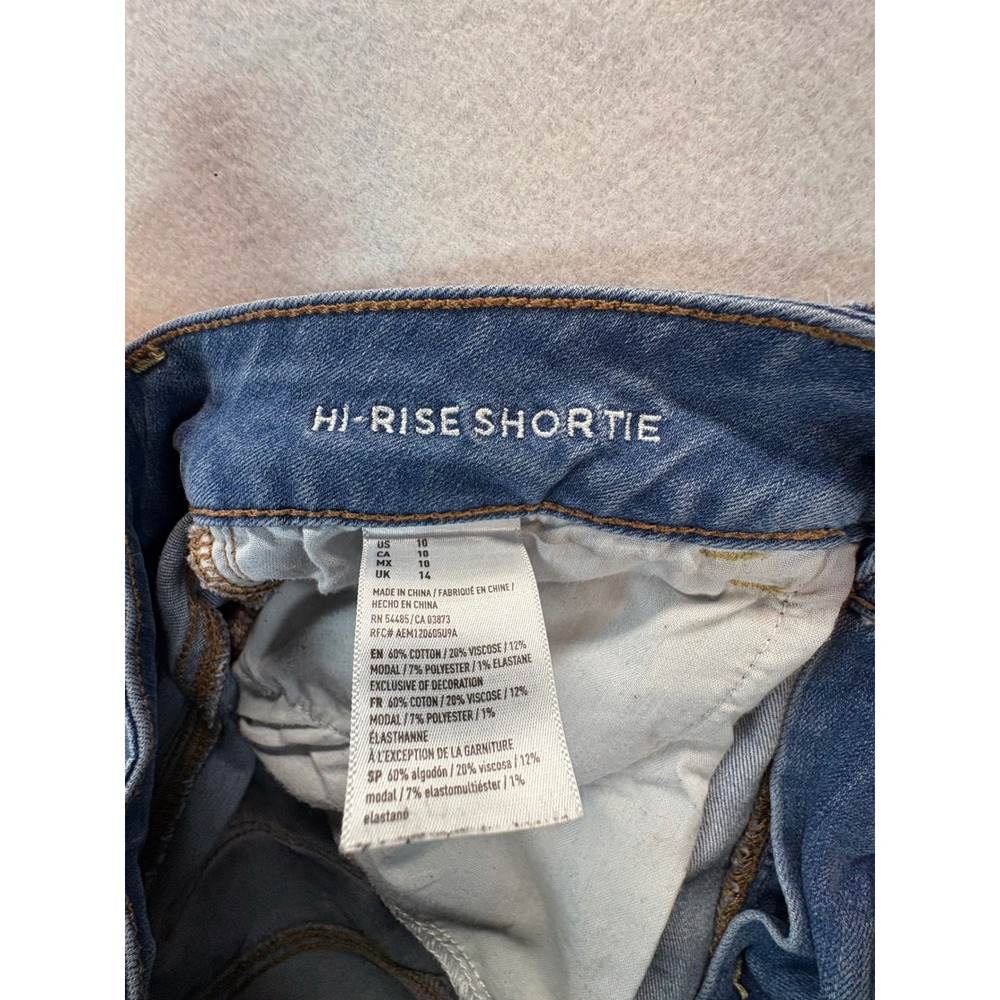 American Eagle Hi-Rise Shortie Denim Shorts Blue Raw Hem Womens Size 10 Med Wash - Picture 5 of 7